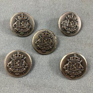 Set Of 5 Vtg 1" Buttons Sewing Garment Metal Shank Coat of Arms Silver Color
